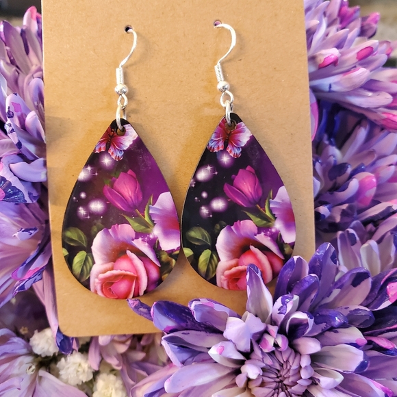 Pink Butterfly & Flowers Teardrop Earrings - Picture 11 of 12